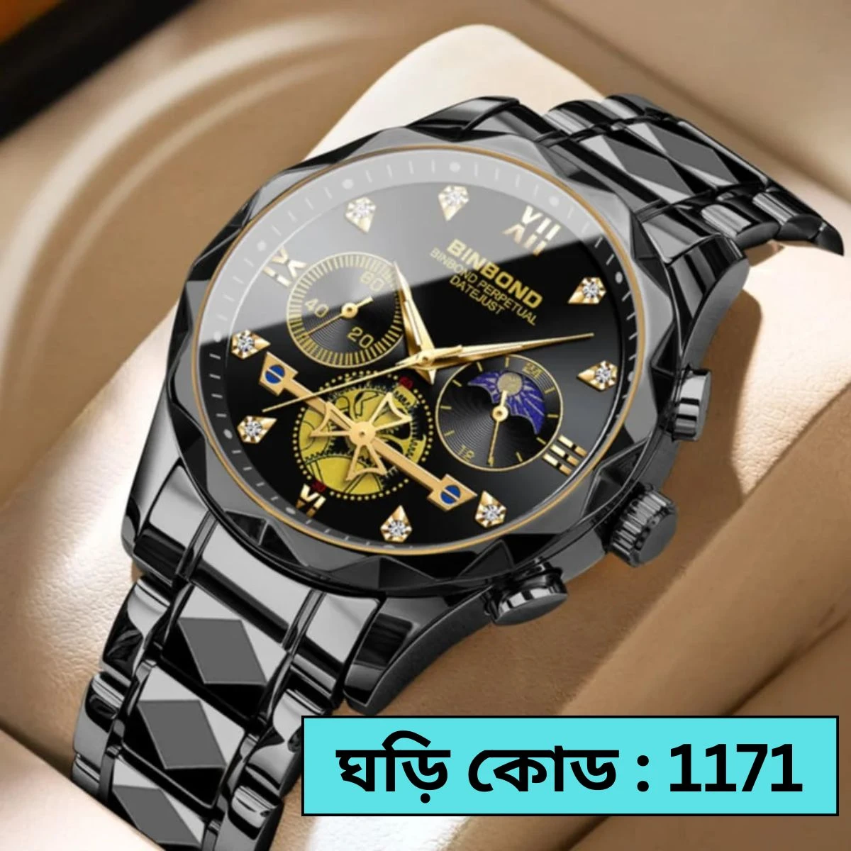 DIMOND CARD DEGAIN CHAIN BINBOND CHORNOGRAF CHAIN FULL BLACK COLOUR WATCH  LOCK PUSH - এক পিস ব্যাটারি ফ্রি