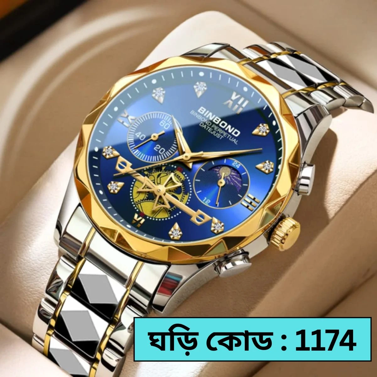 DIMOND CARD DEGAIN CHAIN BINBOND CHORNOGRAF  TOTON AR DIAL BLUE COLOUR WATCH MEN  + এক পিস ব্যাটারি ফ্রি।