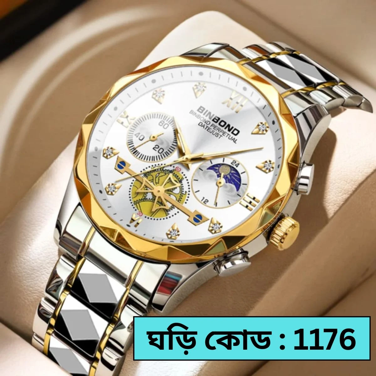 DIMOND CARD DEGAIN CHAIN BINBOND CHORNOGRAF  TOTON AR DIAL WHITE COLOUR WATCH  FOR MAN  + এক পিস ব্যাটারি ফ্রি।