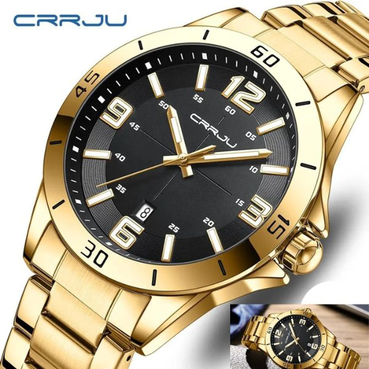 CRRJU MODEL 5003 Man’s Premium Quality Watch Golden Chain Dial Black Cooler Man Watch Date Shoho