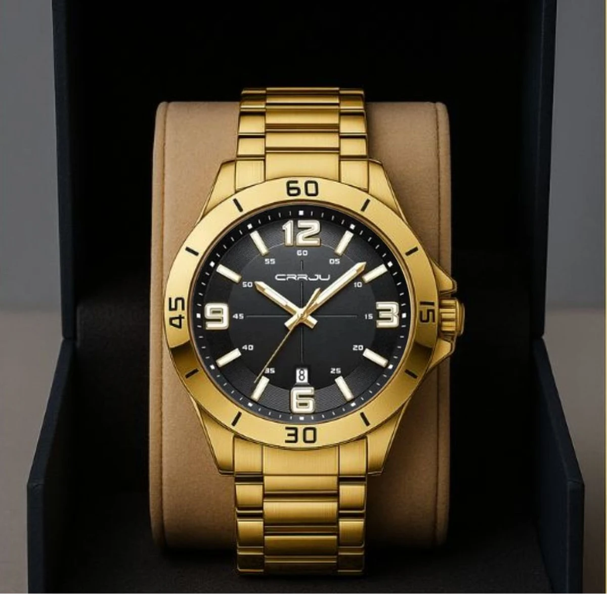 CRRJU MODEL 5003 Date Shoho Golden Chain Dial Black Cooler Man Watch Man’s Premium Quality Watch h