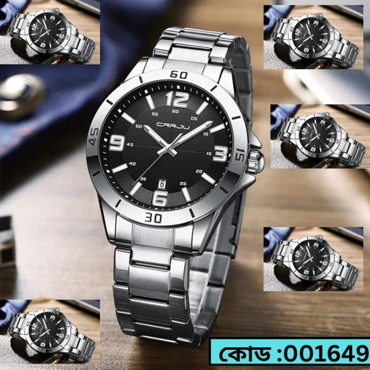 CRRJU MODEL 5003 Man’s Premium Quality Watch Silver Chain Dial Black Cooler Man Watch Date Shoho