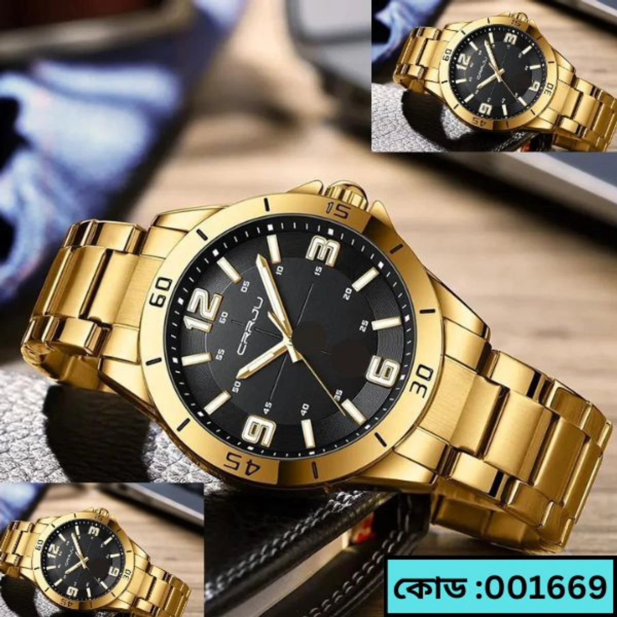 CRRJU MODEL 5003 Man’s Premium Quality Watch Golden Chain Dial Black Cooler Man Watch