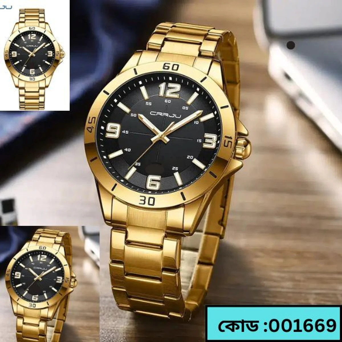 CRRJU MODEL 5003 Man’s Premium Quality Watch Golden Chain Dial Black Cooler Man Watch