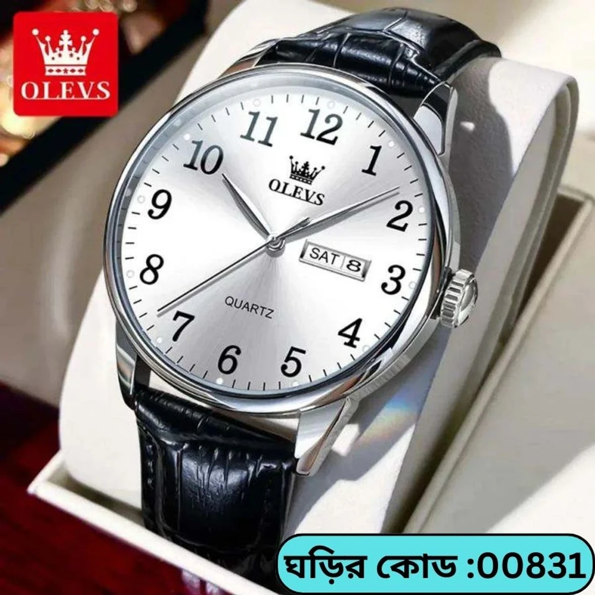 OLEVS WATCH MODEL 5535 FASHION WATCH FOR MEN BELT BLACK DIAL WHITE COLOUR WATCH- MAN WATCH - DATE  OR BAR SHOHO