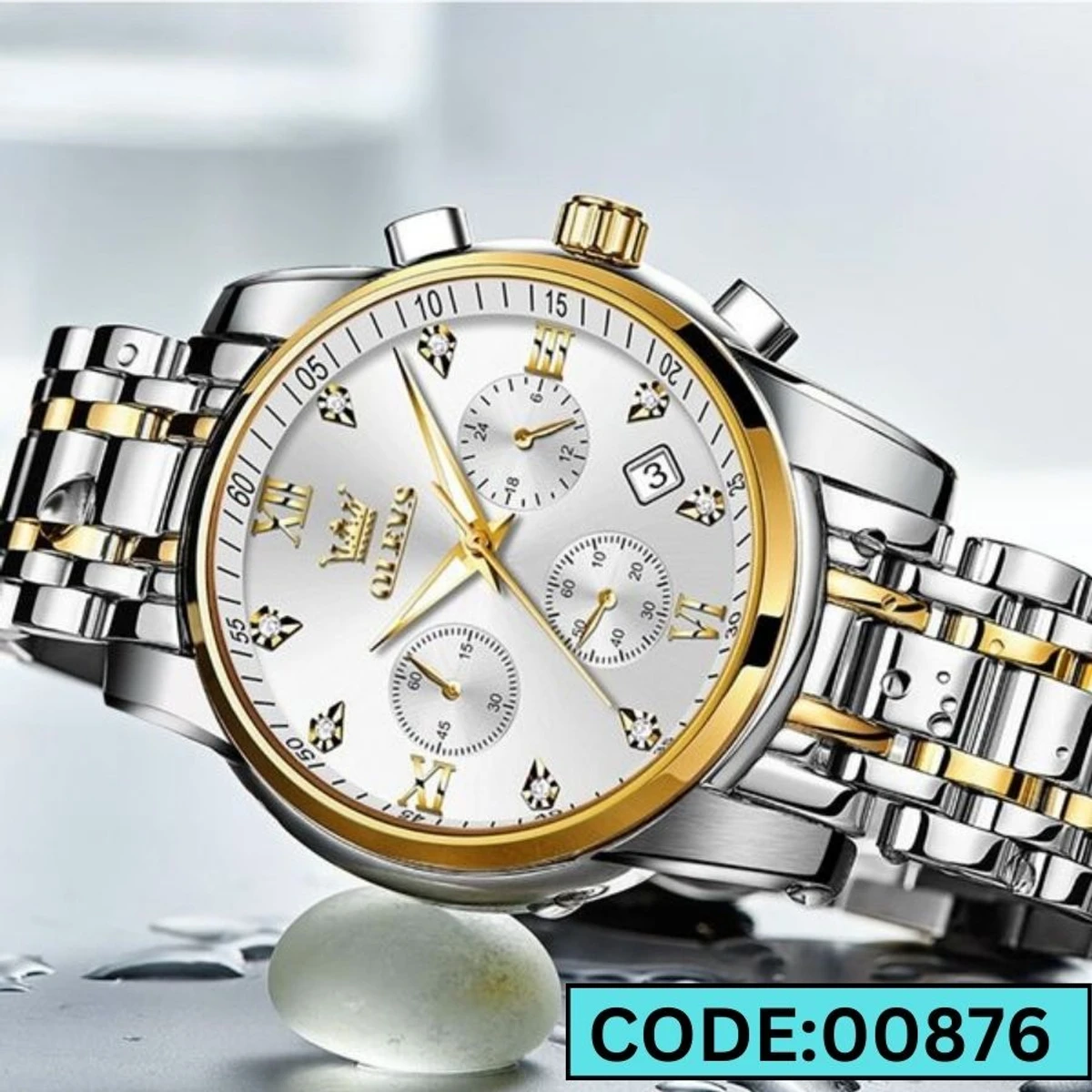 OLEVS MODEL 2858 Watch for Men Stainless Steel Watches - 2858 TOTON AR DIAL WHITE ROUND GOLDEN COOLER WATCH - MAN WATCH