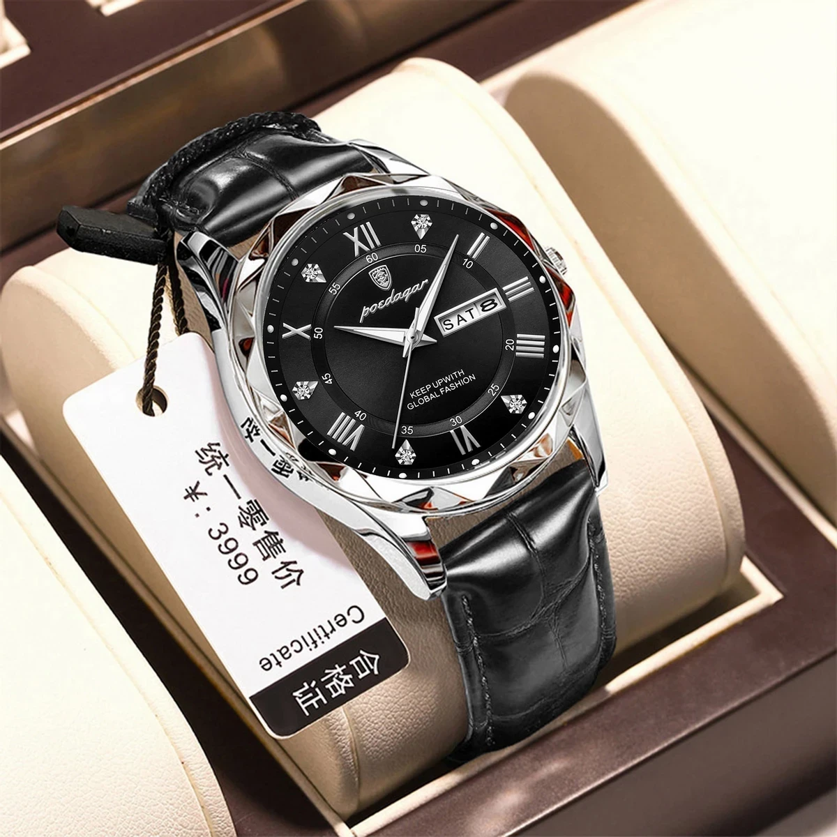 POEDAGAR 615 WATCH BELT BLACK ROUND WHITE DIAL BLACK FOR MAN