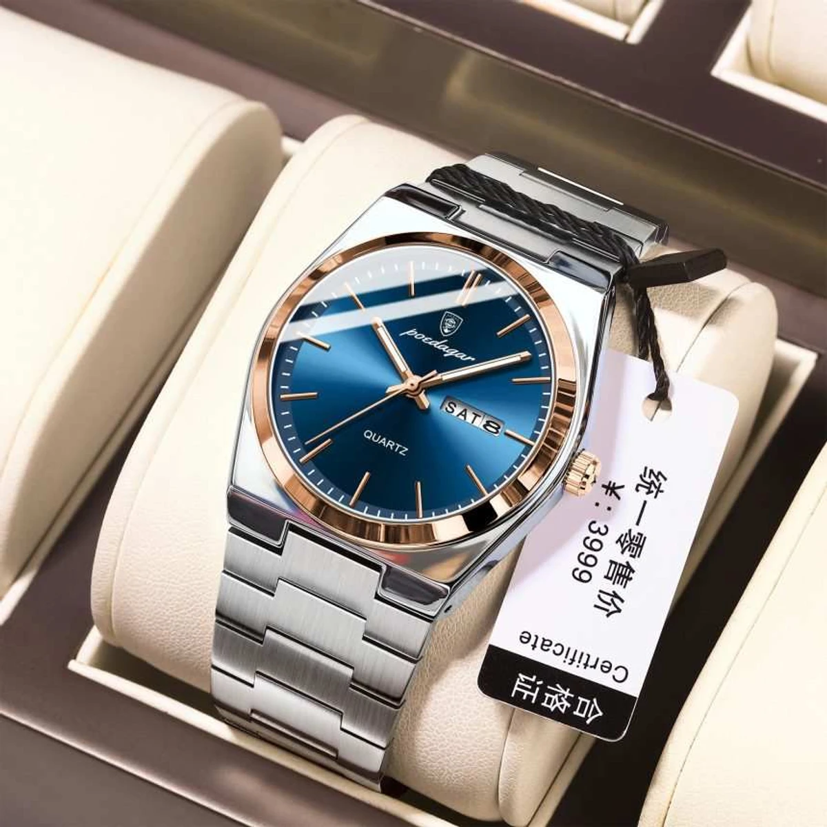 Poedagar Model 930 Stainless Steel Quartz Wristwatch for Men - Silver Chain  Round Golden Dial Blue