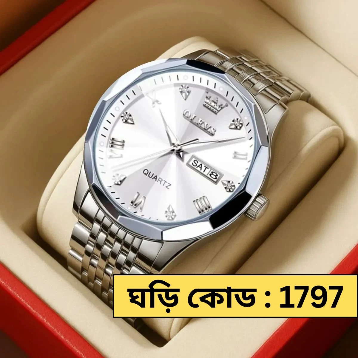 OLEVS MODEL 9931 Watch for Men Stainless Steel Watches - 9931 SILVER CHAIN  DIAL WHITE COOLER MAN WATCH - LOCK PUSH