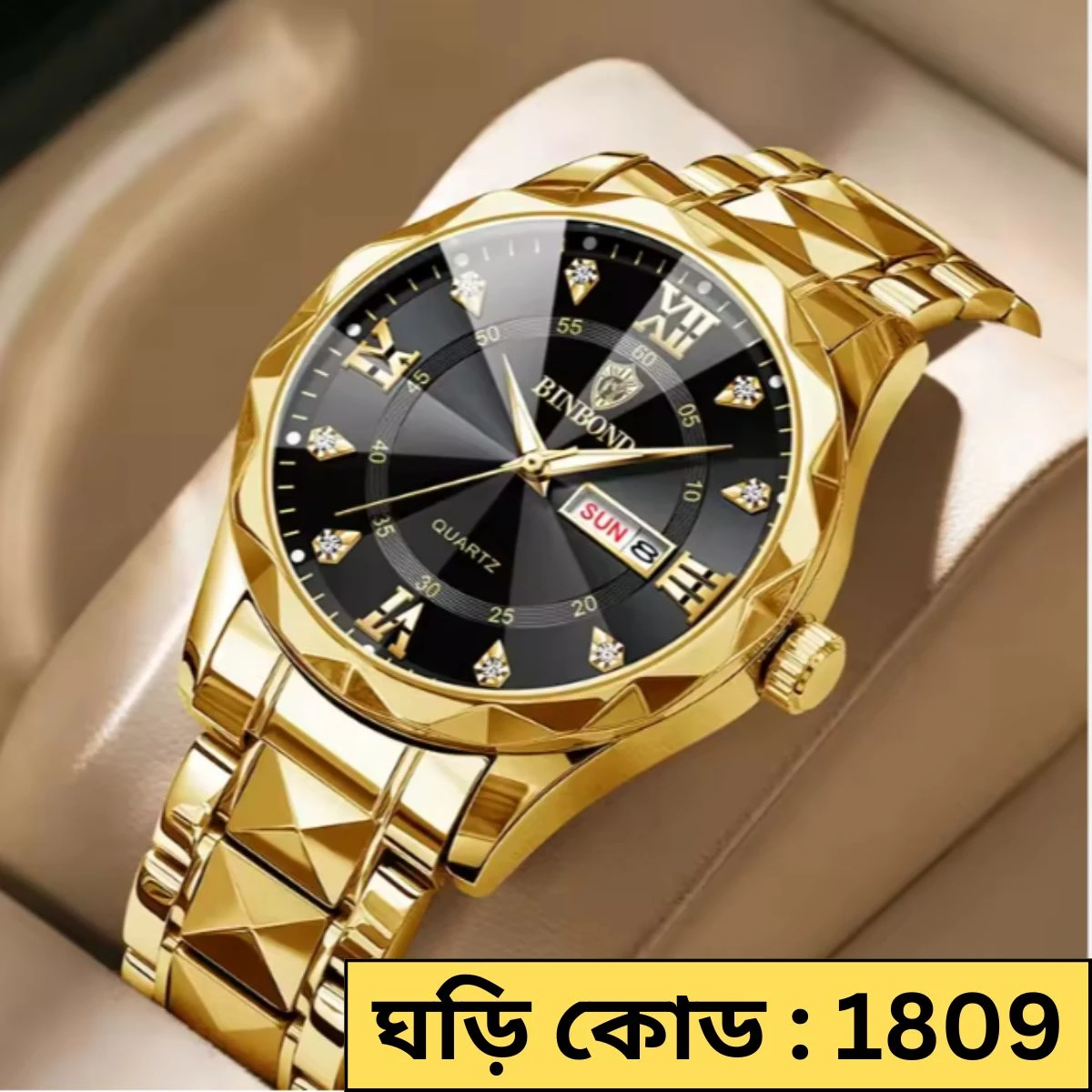 BINBOND NEW DIAMOND CUT DESIGN  GOLDEN CHAIN DIAL BLACK COOLER  WATCH FOR MAN