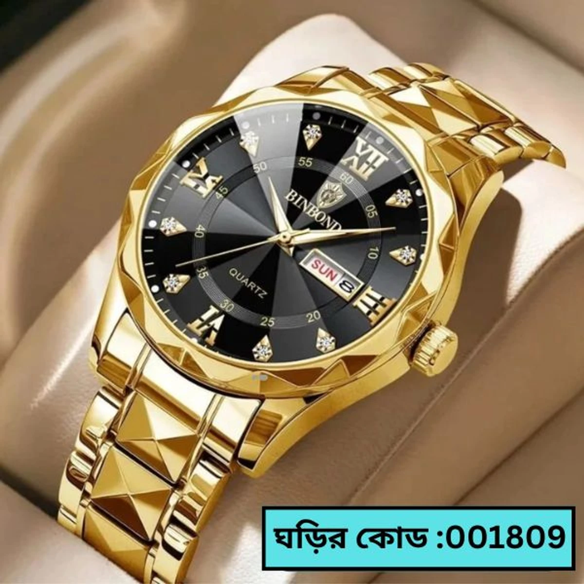 BINBOND NEW DIAMOND CUT DESIGN  GOLDEN CHAIN DIAL BLACK COOLER  WATCH FOR MAN