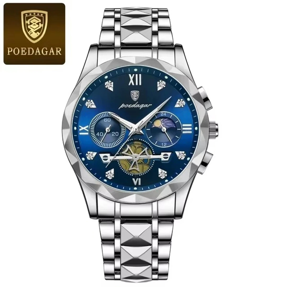 Poedagar Chronograph watch - Silver chain Dial Blue watch