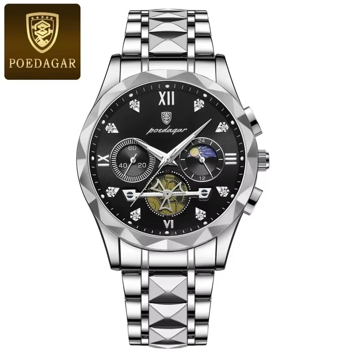 Poedagar Chronograph watch - Silver Chain Dial Black Watch