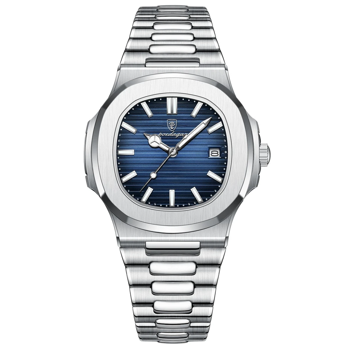 Poedagar Model 613 Stainless Steel Quartz Wristwatch for Men - Silver chain Dial blue