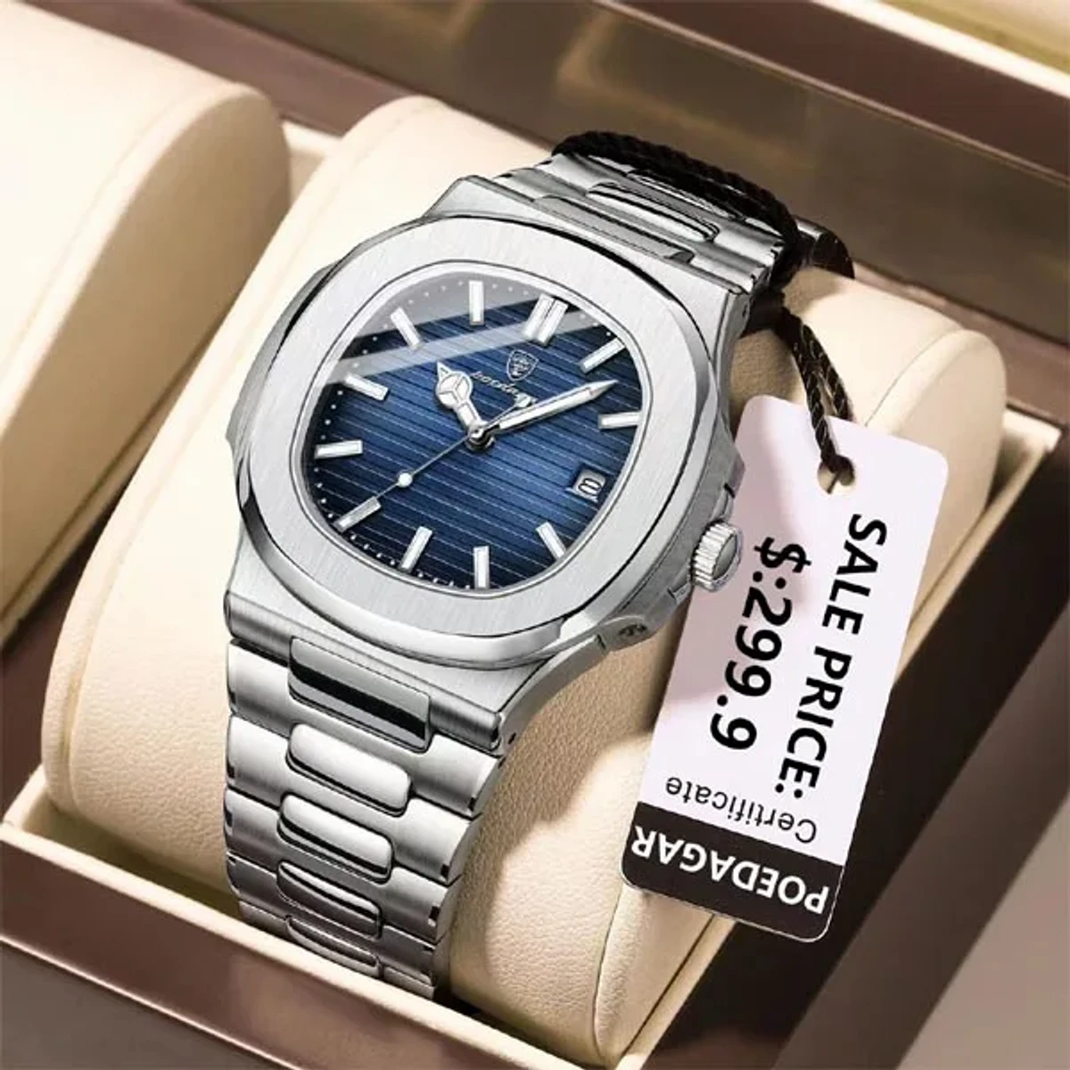 Poedagar Model 613 Stainless Steel Quartz Wristwatch for Men - Silver chain Dial blue