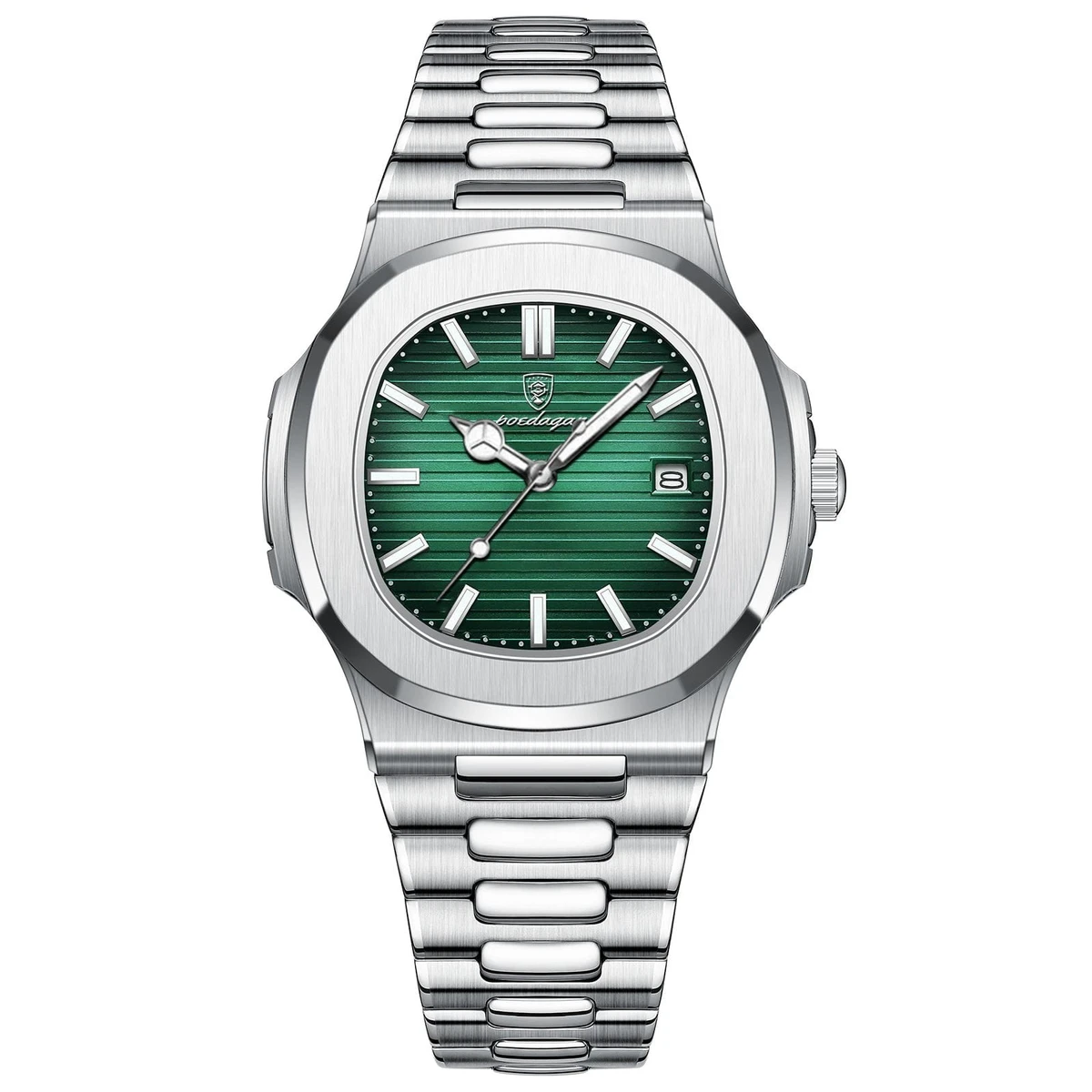 Poedagar Model 613 Stainless Steel Quartz Wristwatch for Men - Silver chain Dial Green