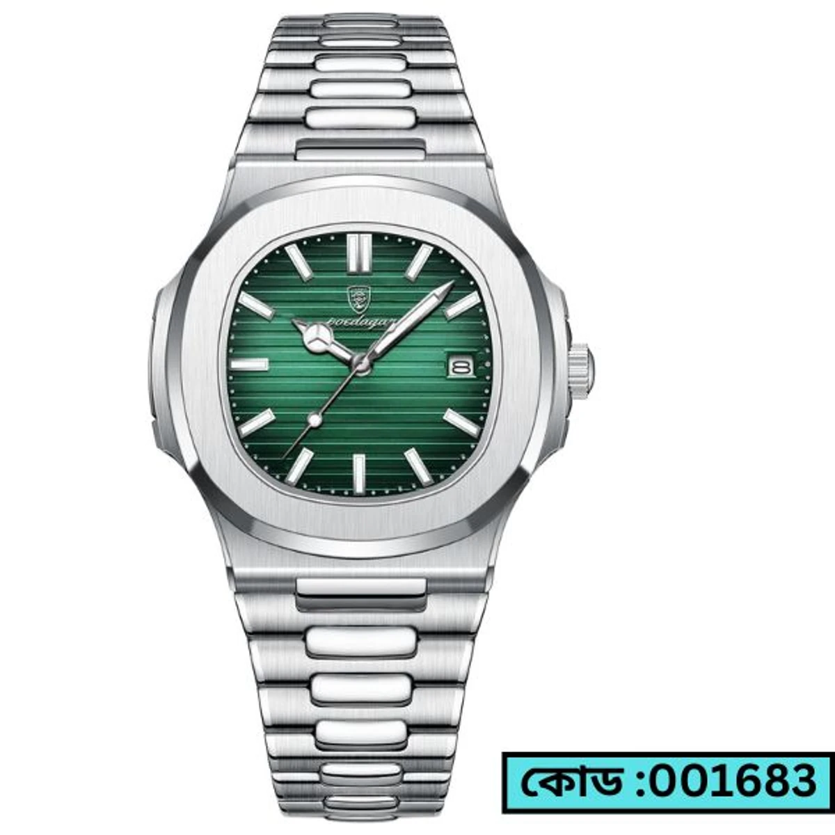 Poedagar Model 613 Stainless Steel Quartz Wristwatch for Men - Silver chain Dial Green