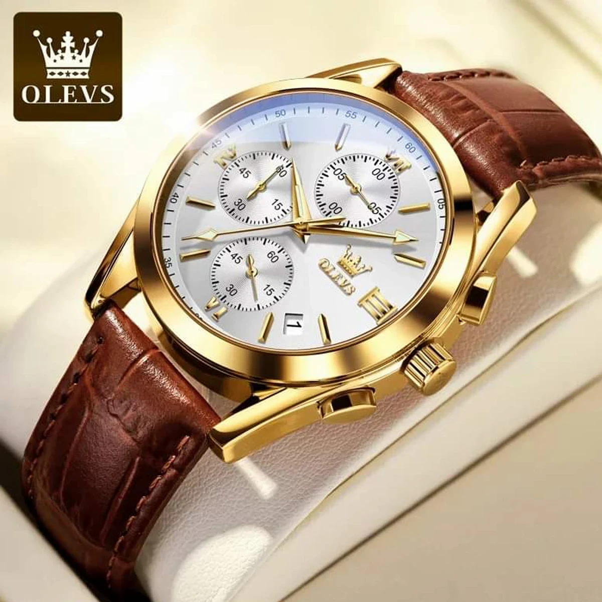OLEVS WATCH MODEL 2872 BELT BROWN DIAL WHITE COLOUR  WATCH FOR MEN + এক পিস ব্যাটারি ফ্রি। CODE -0012