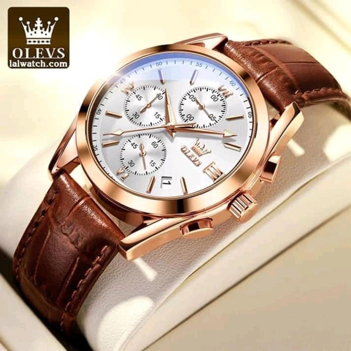 OLEVS WATCH MODEL 2872  FASHION WATCH FOR MEN BELT BROWN  ROUND ROSE GOLDEN DIAL WHITE COLOUR  WATCH FOR MEN  + এক পিস ব্যাটারি ফ্রি।