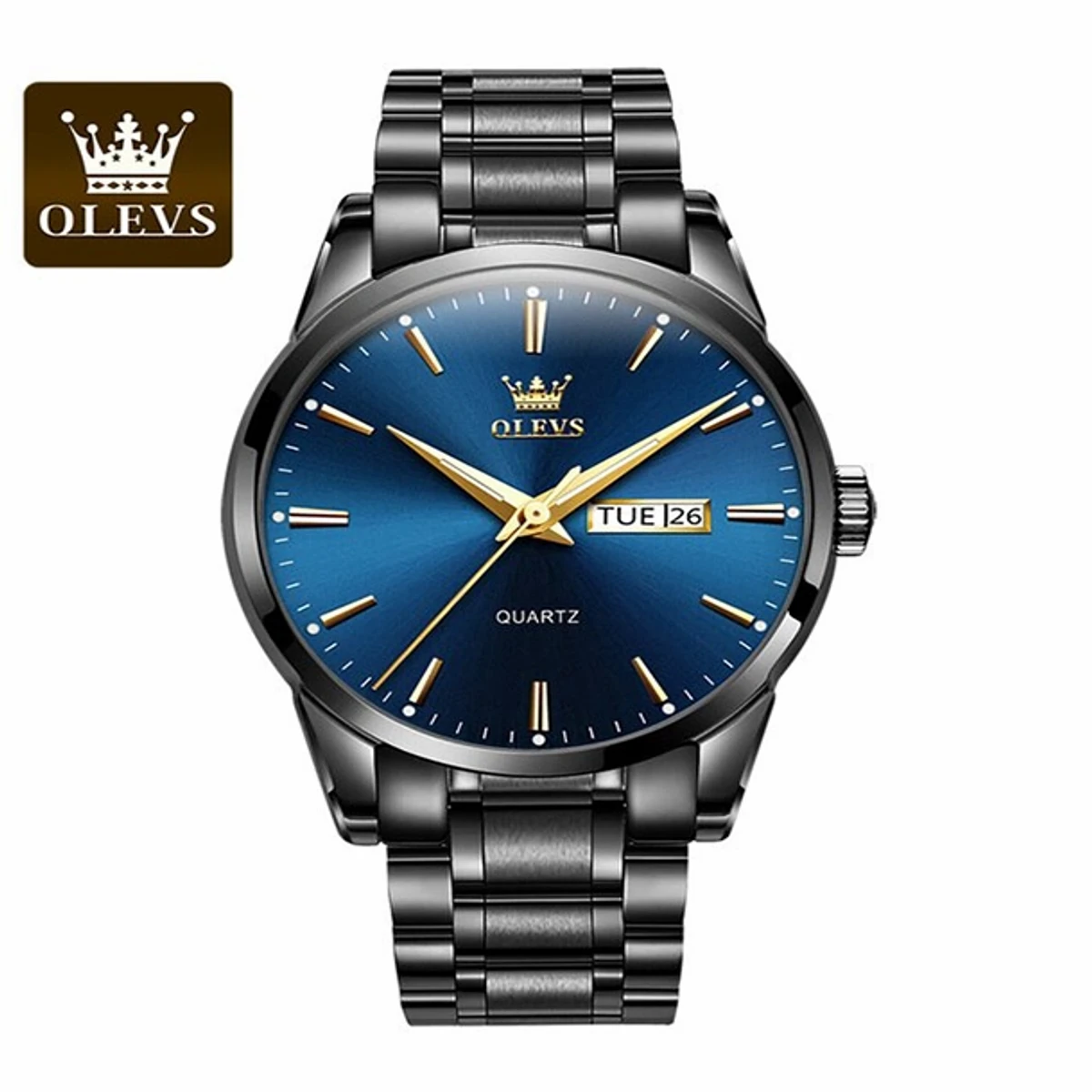 Olevs 6898 Black Stainless Steel Analoge Wrist Watch For Men Chain black dial blue- MAN  WATCH