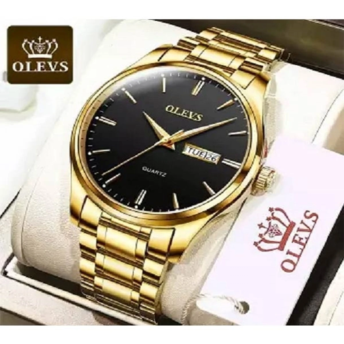 Olevs 6898 Black Stainless Steel Analoge Wrist Watch For Men Golden  Chain dial black colour watch- MAN  WATCH