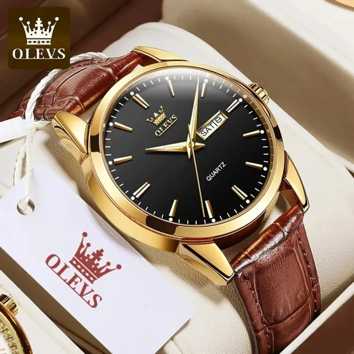 OLEVS WATCH MODEL 6898 BELT BROWN DIAL BLACK COLOUR WATCH FOR MEN