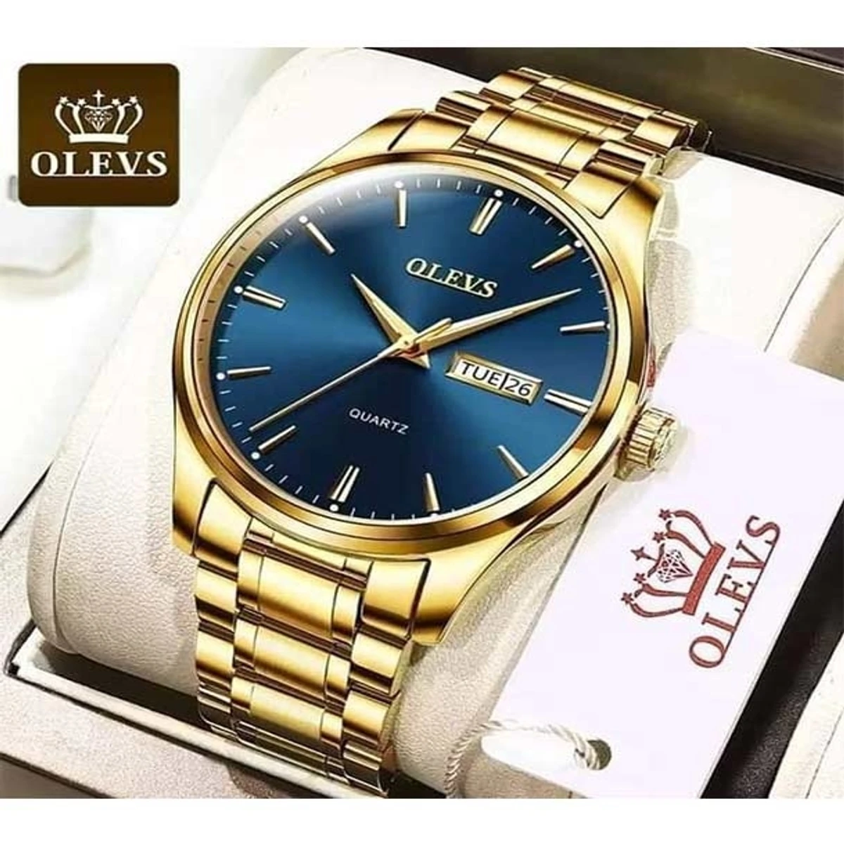 Olevs 6898 Black Stainless Steel Analoge Wrist Watch For Men Golden Chain dial blue cooler watch- MAN  WATCH