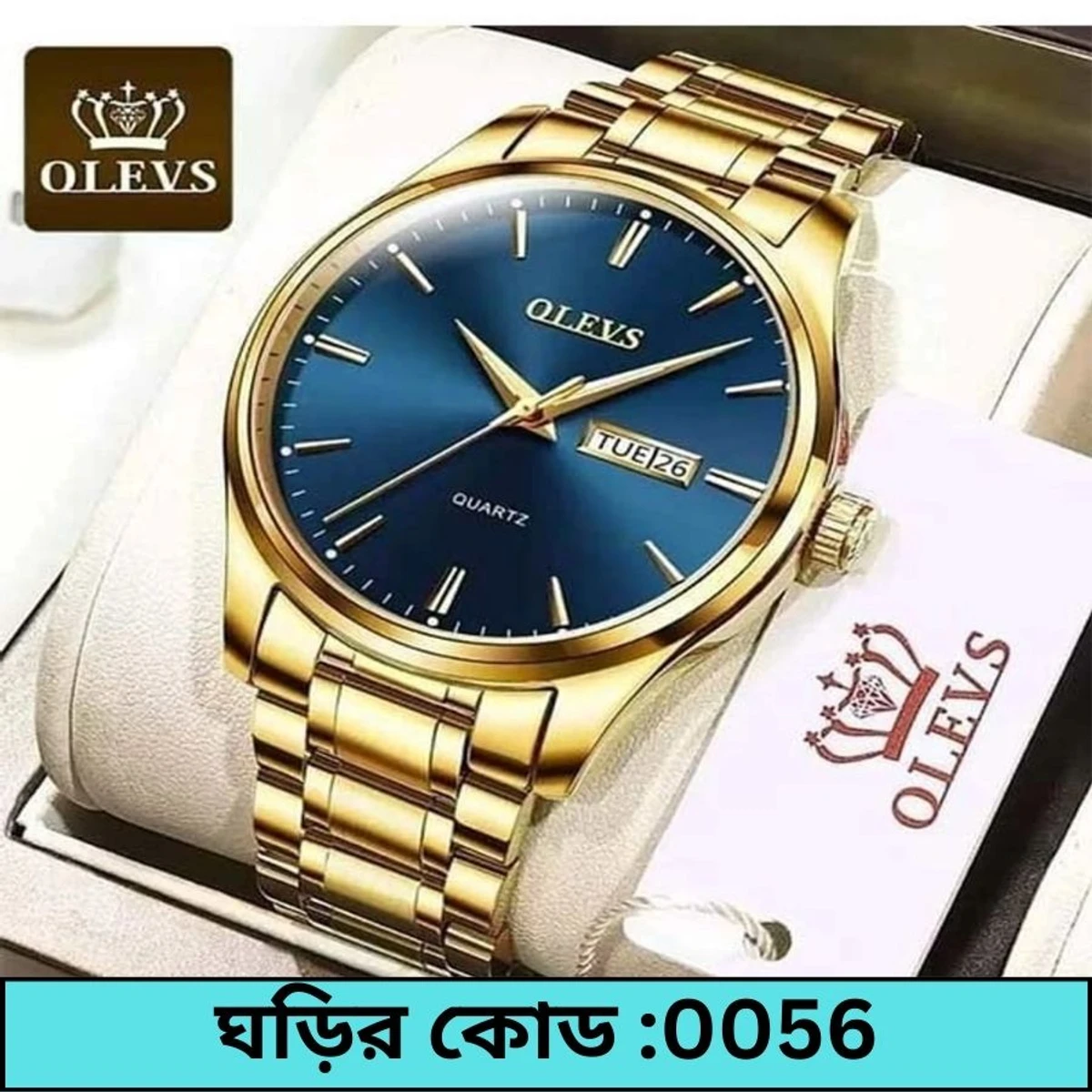 Olevs 6898 Black Stainless Steel Analoge Wrist Watch For Men Golden Chain dial blue cooler watch- MAN  WATCH