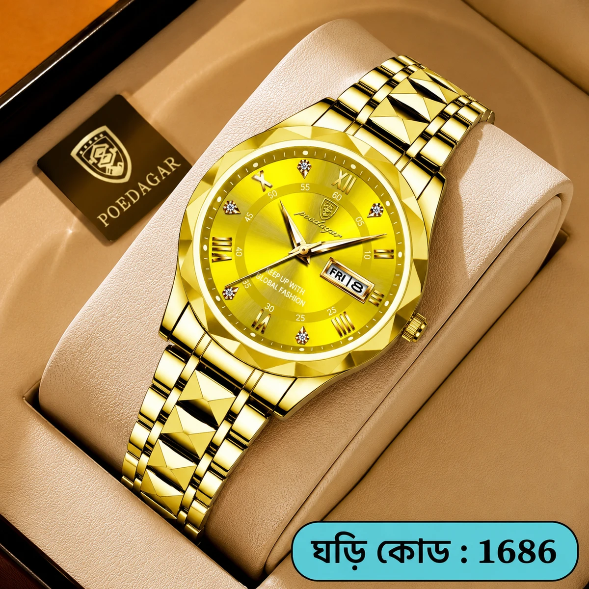 CHAIN DIMOND CARD DEGAIN POEDAGAR WATCH  MODEL 615 FULL GOLDEN COOLER WATCH FOR MAN  LOCK PUSH - + এক পিস ব্যাটারি ফ্রি।