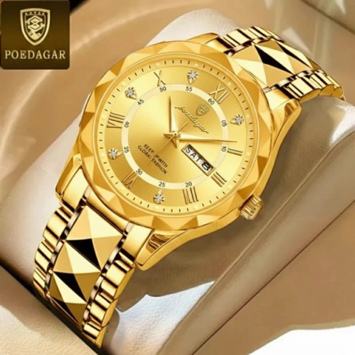 CHAIN DIMOND CARD DEGAIN POEDAGAR WATCH  MODEL 615 FULL GOLDEN COOLER WATCH FOR MAN  LOCK PUSH - + এক পিস ব্যাটারি ফ্রি।