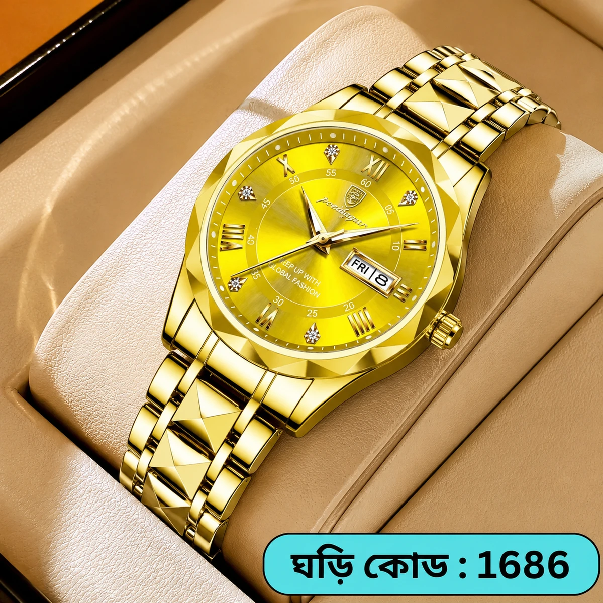 CHAIN DIMOND CARD DEGAIN POEDAGAR WATCH  MODEL 615 FULL GOLDEN COOLER WATCH FOR MAN  LOCK PUSH - + এক পিস ব্যাটারি ফ্রি।