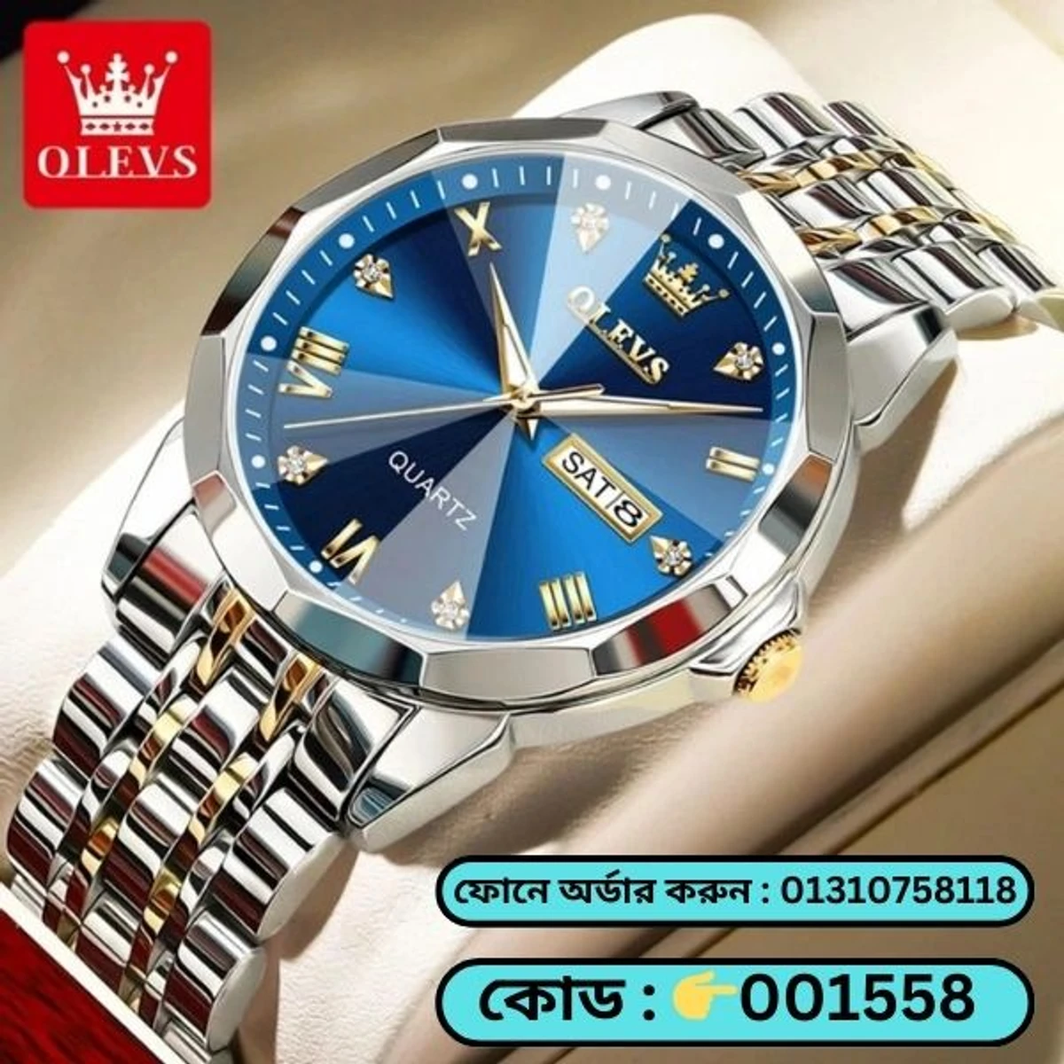 OLEVS MODEL 9931 Watch for Men Stainless Steel Watches - 9941 TOTON AR DIAL BLUE - MAN WATCH LOCK PUSH