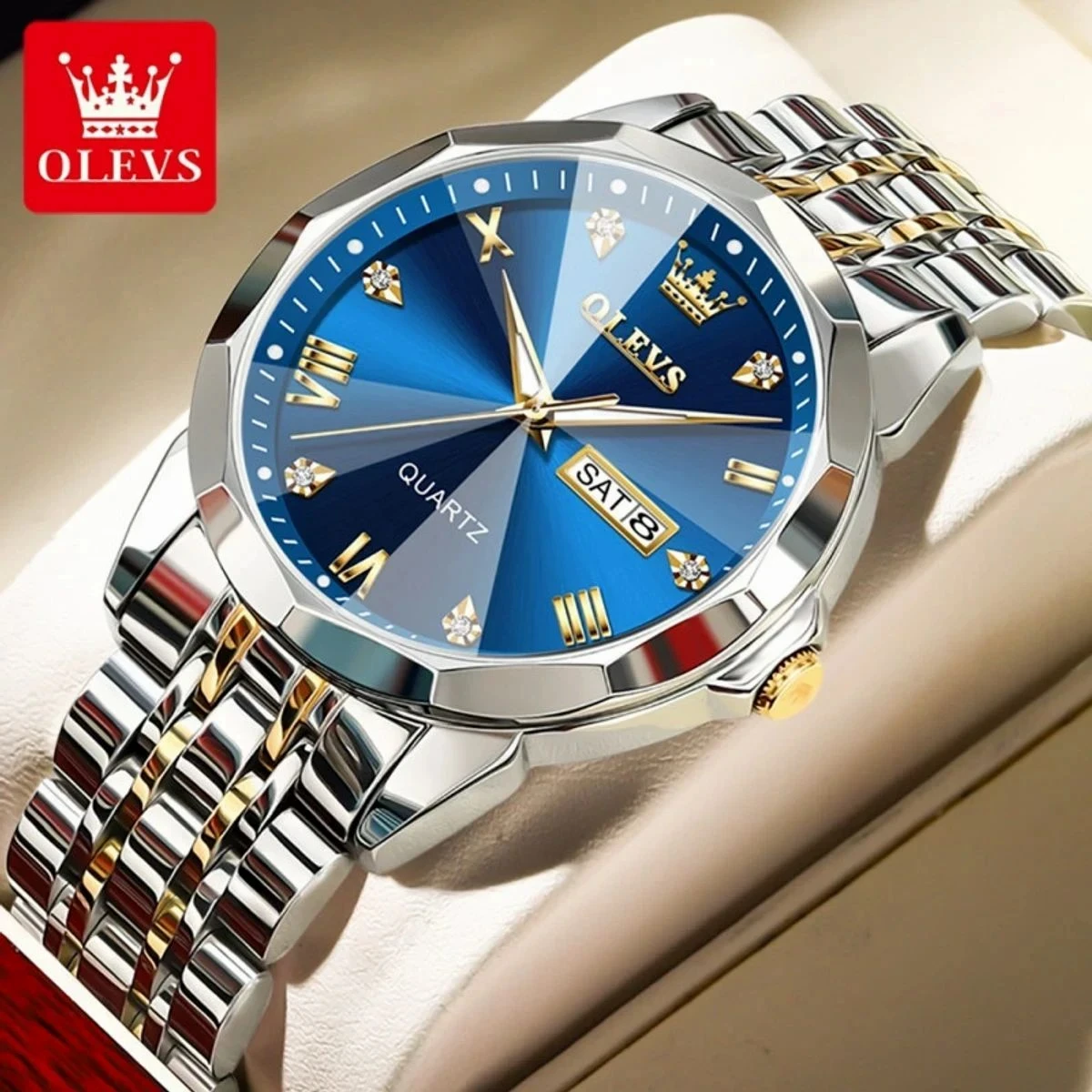 OLEVS MODEL 9931 Watch for Men Stainless Steel Watches - 9941 TOTON AR DIAL BLUE - MAN WATCH LOCK PUSH