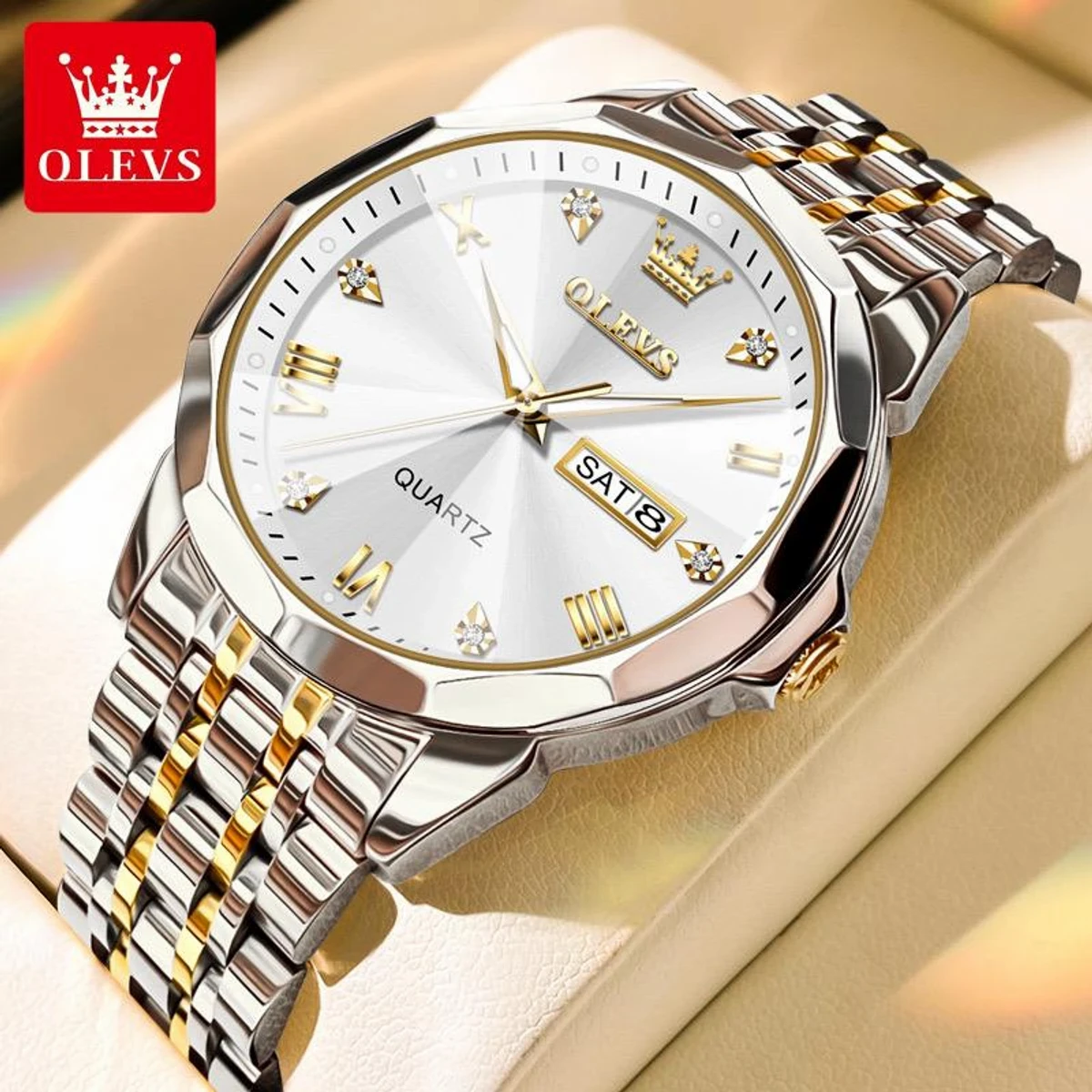 OLEVS MODEL 9931 Watch for Men Stainless Steel Watches - 9941 TOTON AR DIAL WHITE - MAN WATCH - LOCK PUSH