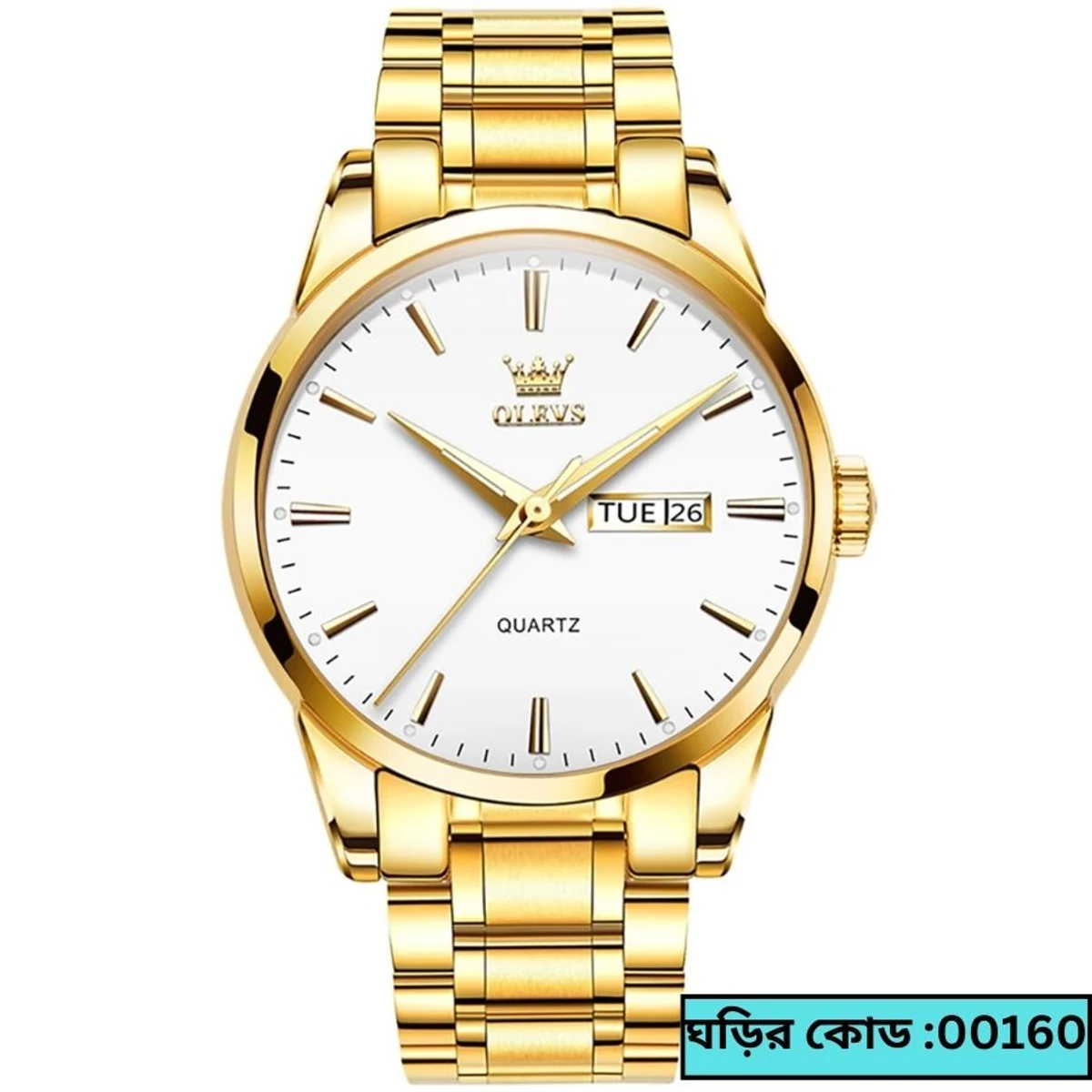 Olevs 6898 Black Stainless Steel Analoge Wrist Watch For Men Golden Chain dial White  cooler watch -- MAN  WATCH