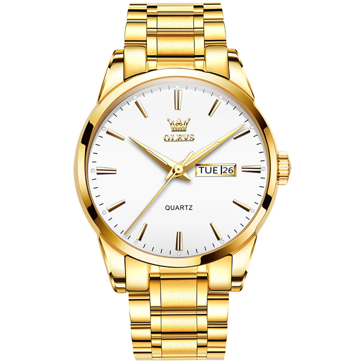 Olevs 6898 Black Stainless Steel Analoge Wrist Watch For Men Golden Chain dial White  cooler watch -- MAN  WATCH
