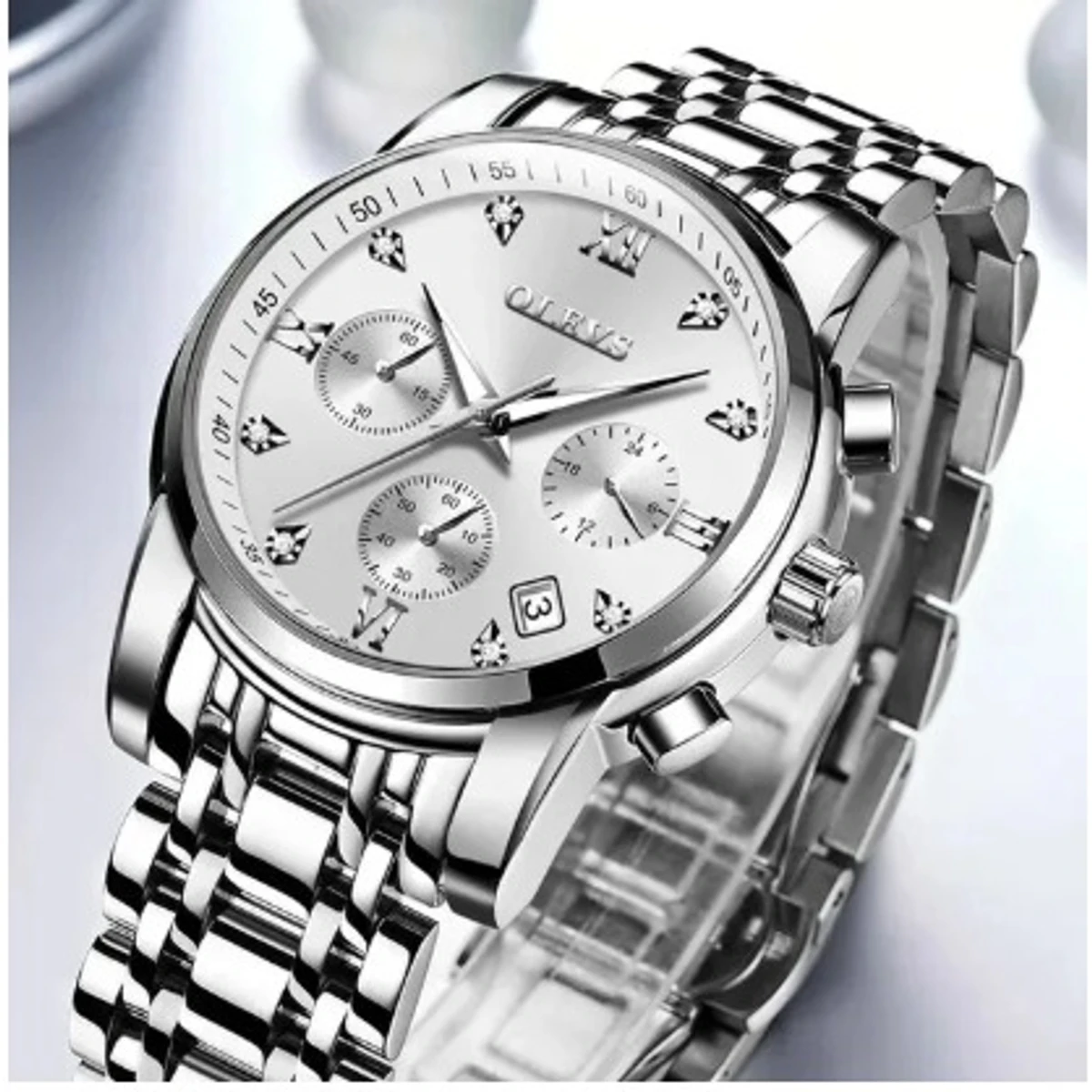 OLEVS WATCH MODEL  2858 Full SILVER COOLER  MAN WATCH + এক পিস ব্যাটারি ফ্রি।