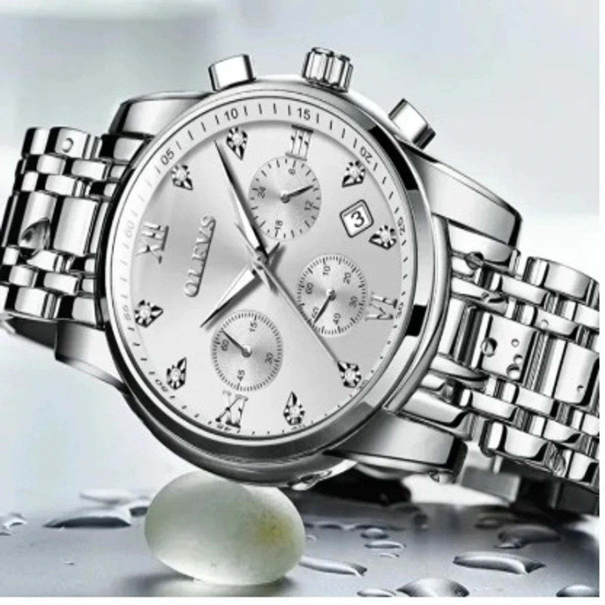 OLEVS WATCH MODEL  2858 Full SILVER COOLER  MAN WATCH + এক পিস ব্যাটারি ফ্রি।