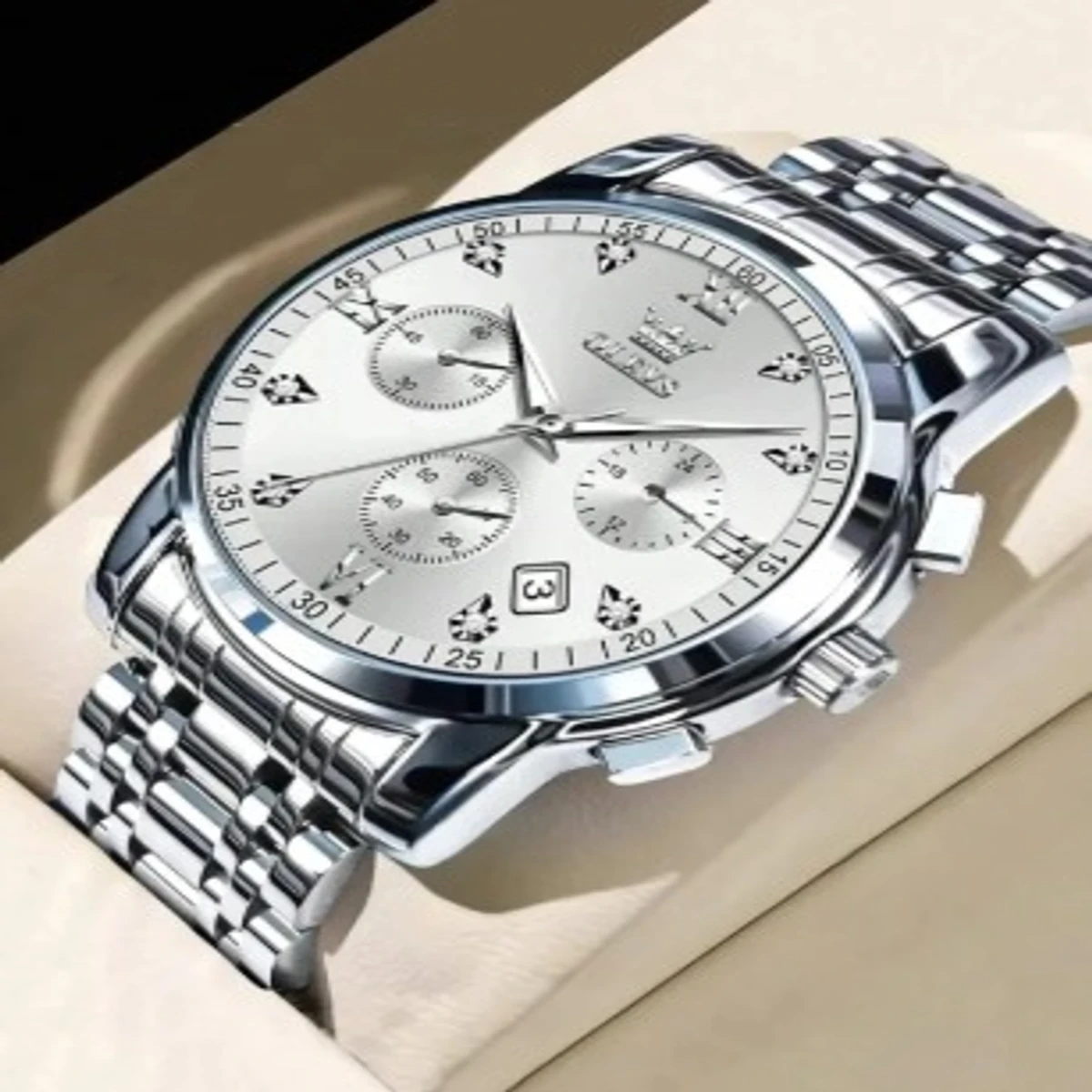 OLEVS WATCH MODEL  2858 Full SILVER COOLER  MAN WATCH + এক পিস ব্যাটারি ফ্রি।