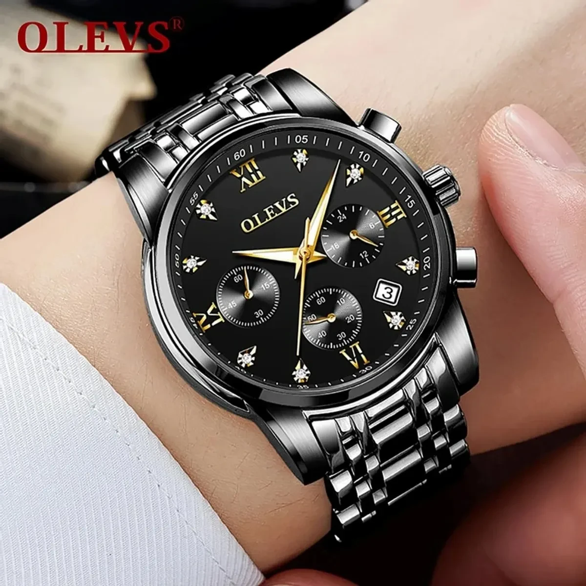 OLEVS WATCH  MODEL  2858 Full BLACK COOLER WATCH FOR  MAN + এক পিস ব্যাটারি ফ্রি।