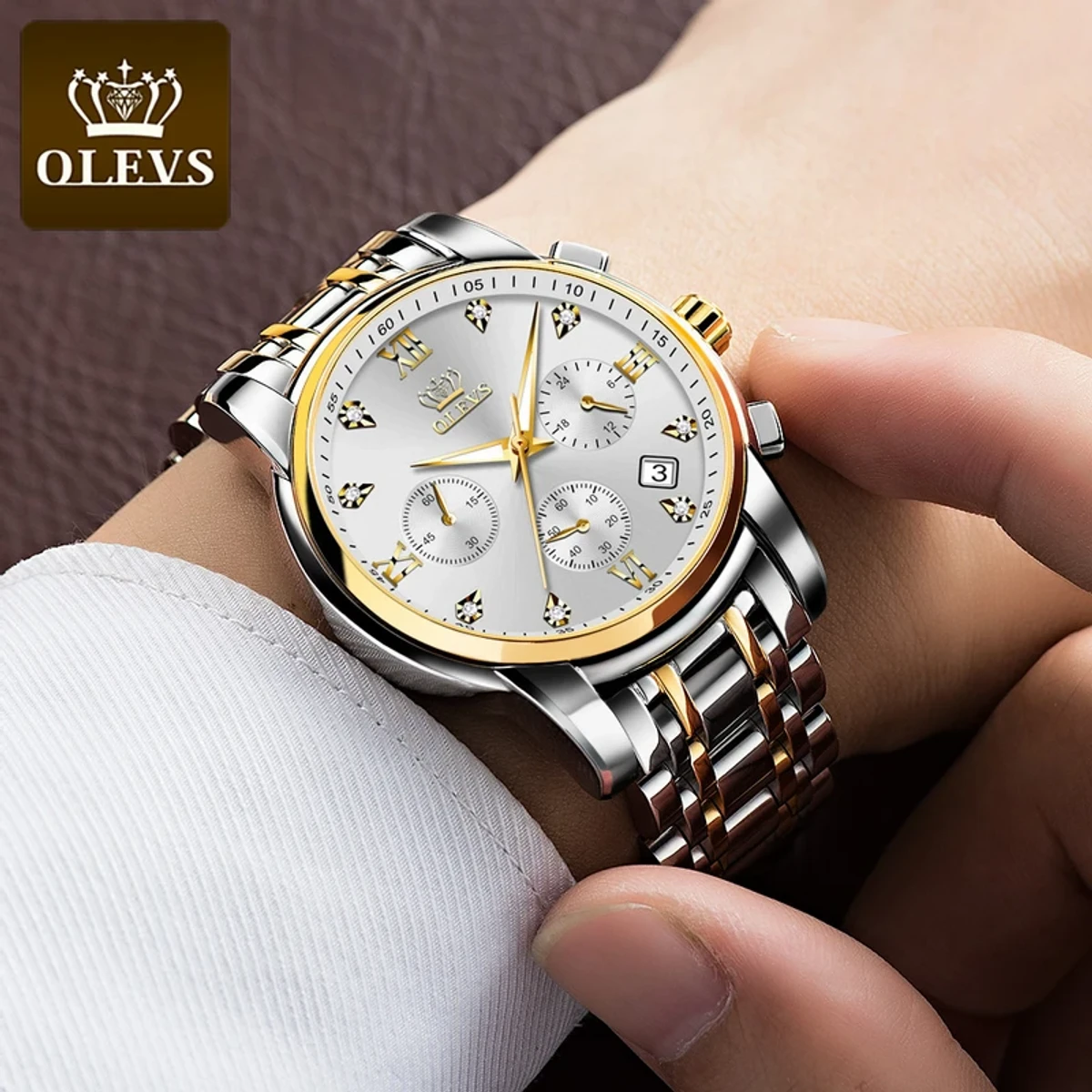 OLEVS MODEL 2858 Watch for Men Stainless Steel Watches - 2858 TOTON AR DIAL WHITE ROUND GOLDEN   COOLER WATCH - MAN WATCH