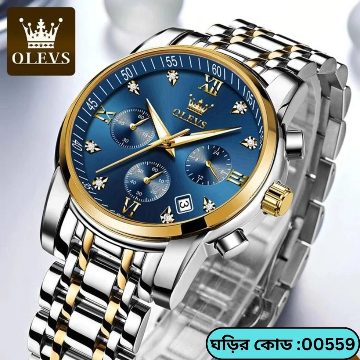 OLEVS MODEL 2858 Watch for Men Stainless Steel Watches - 2858 TOTON AR DIAL BLUE  ROUND GOLDEN - MAN WATCH