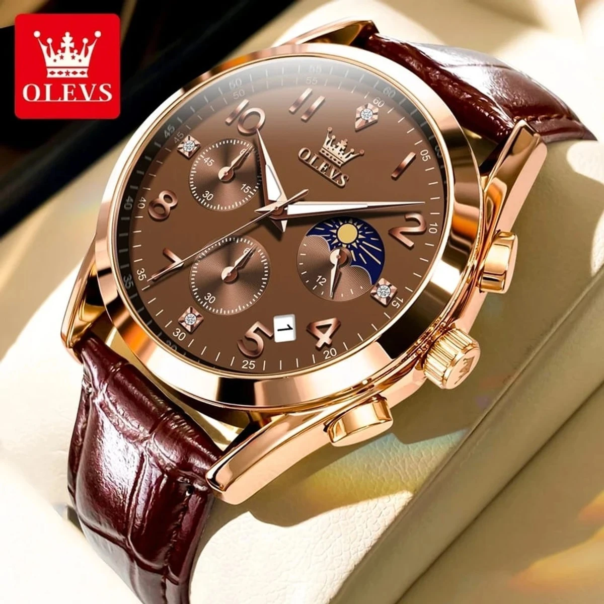 OLEVS WATCH MODEL 2890 FASHION WATCH FOR MEN BELT BROWN ROUND GOLDEN DIAL BROWN WATCH FOR MEN