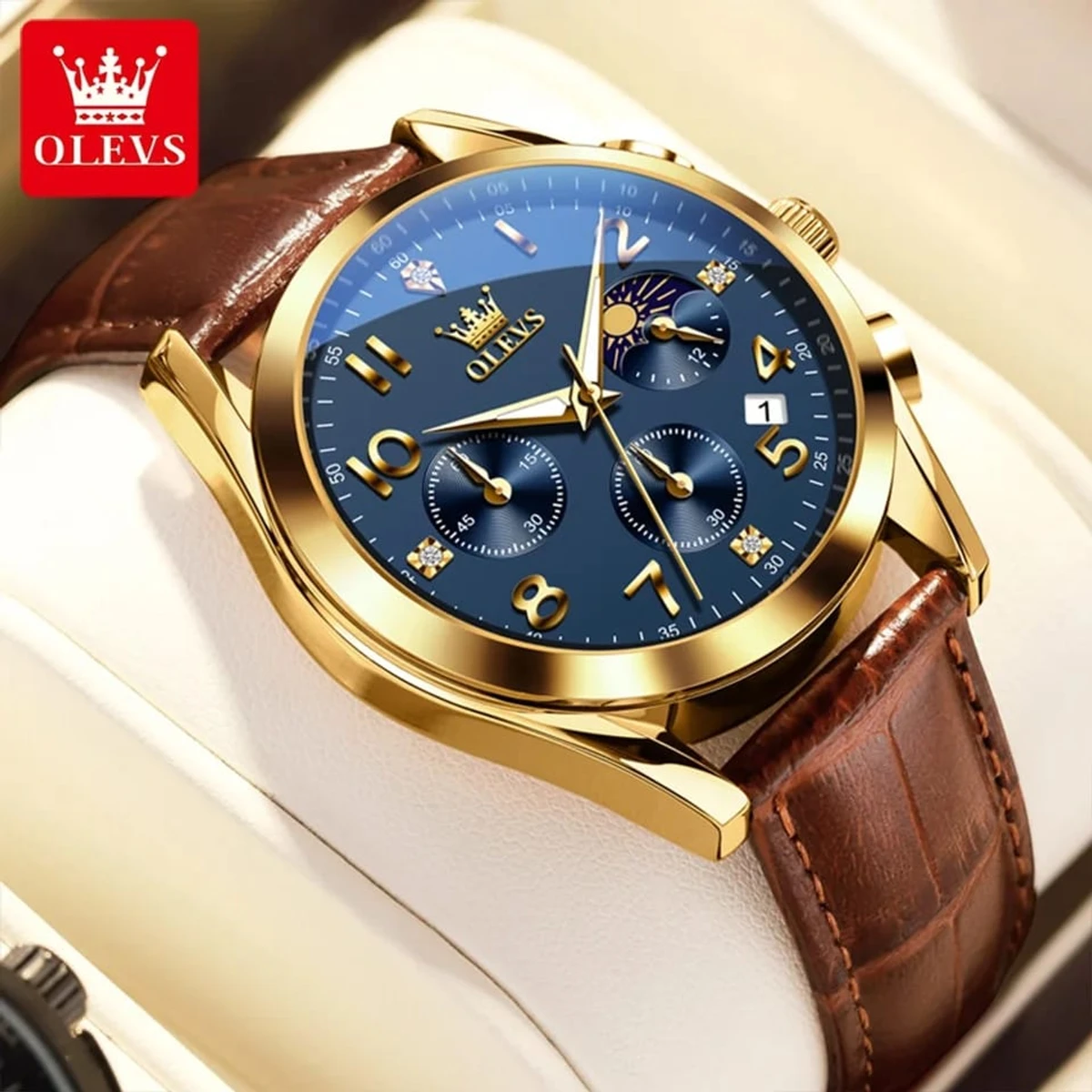 OLEVS WATCH MODEL 2890 FASHION WATCH FOR MEN BELT BROWN ROUND GOLDEN DIAL BLUE  WATCH FOR MEN