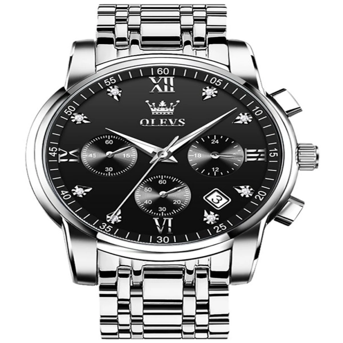 OLEVS MODEL 2858 Watch for Men Stainless Steel Watches - 2858 Silver chain  Dial Black  Cooler  - MAN WATCH