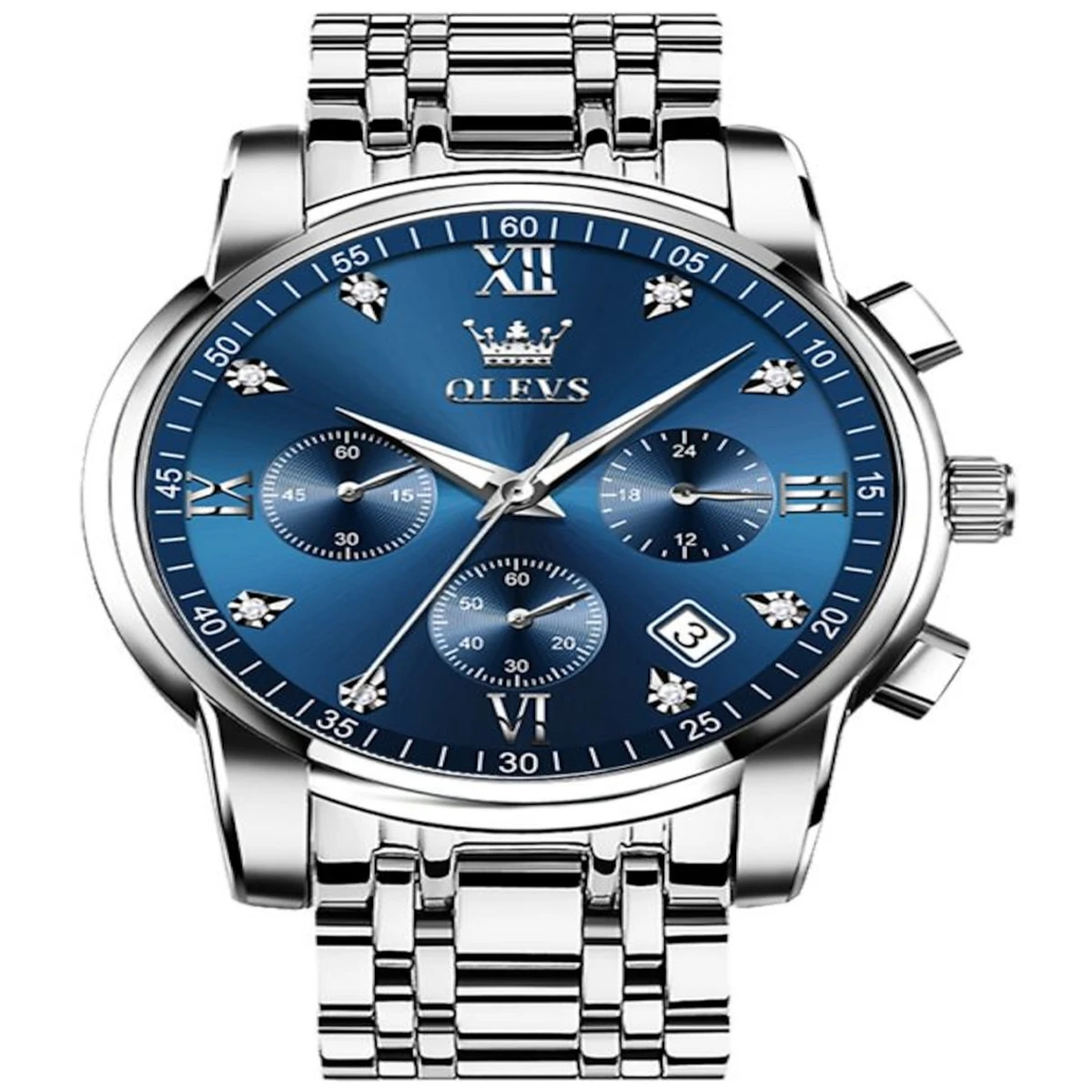 OLEVS MODEL 2858 Watch for Men Stainless Steel Watches - 2858 Silver chain Dial Blue Cooler - MAN WATCH