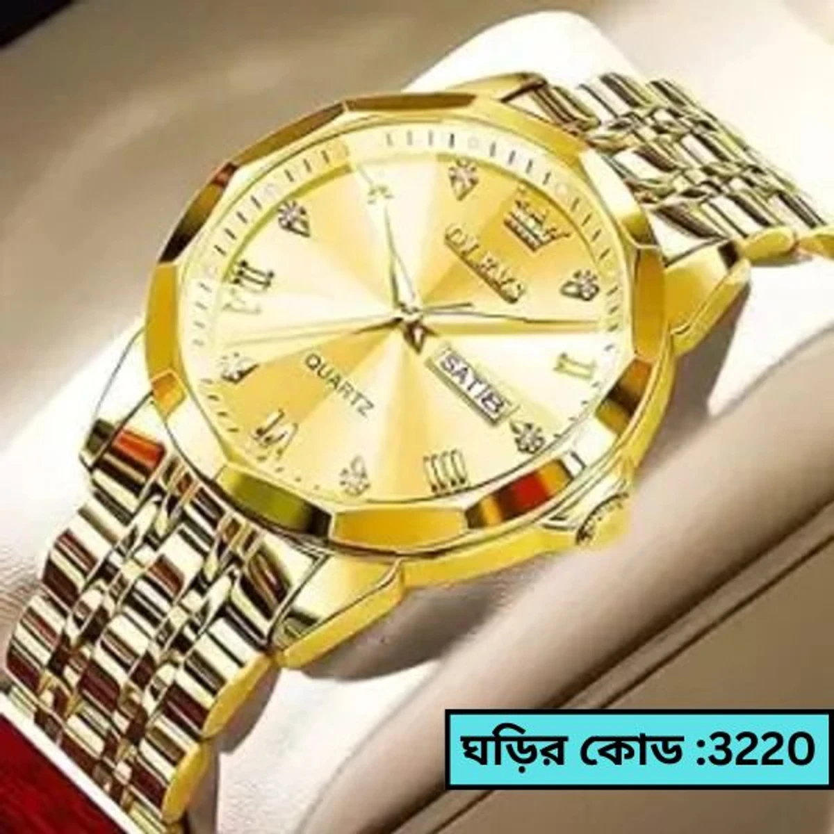OLEVS MODEL 9931 Watch for Men Stainless Steel Watches - 9931 FULL GOLDEN- MAN WATCH - LOCK PUSH + এক পিস ব্যাটারি ফ্রি। CODE -3220