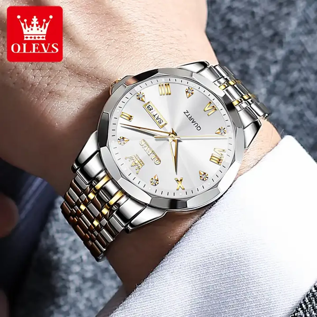 OLEVS MODEL 9931 Watch for Men Stainless Steel Watches - 9941 TOTON AR DIAL WHITE - MAN WATCH - LOCK PUSH