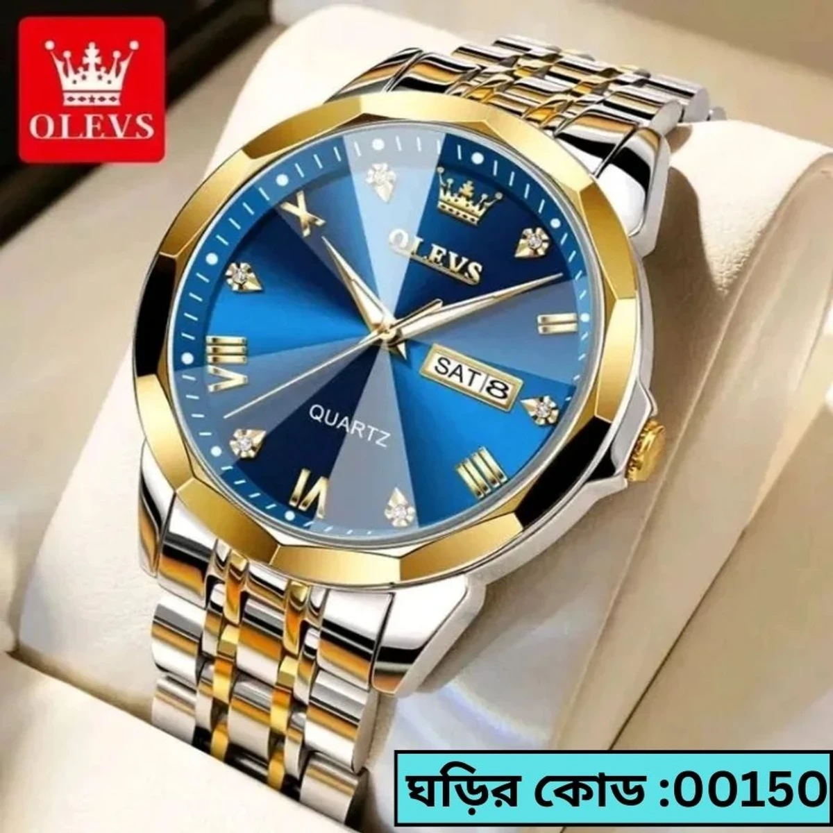 OLEVS MODEL 9931 Watch TOTON AR DIAL BLUE ROUND GOLDEN  COLOUR - - MAN WATCH -  LOCK PUSH CODE -150