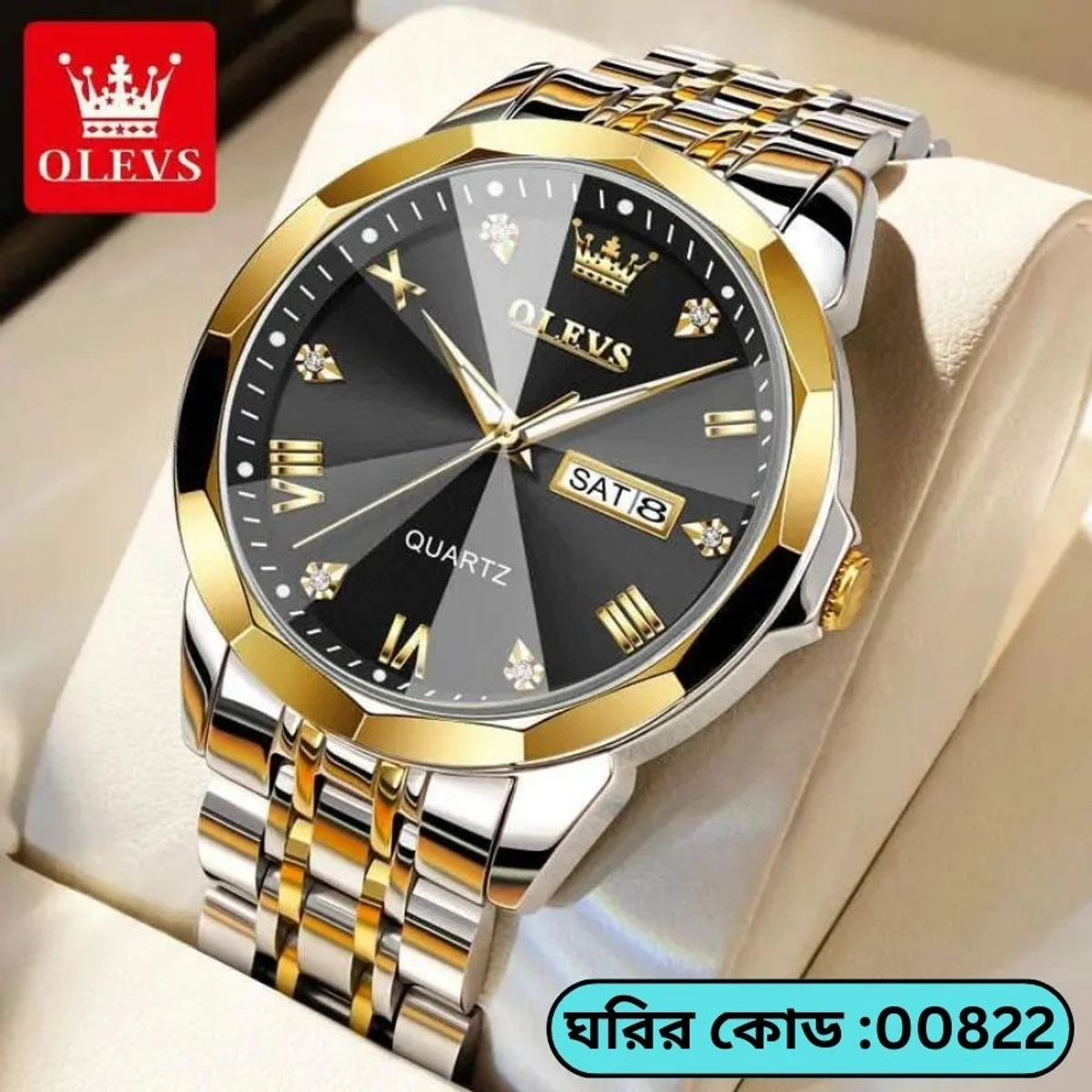 OLEVS MODEL 9931 Watch for Men Stainless Steel Watches - 9941 TOTON AR DIAL BLACK ROUND GOLDEN - - MAN WATCH - LOCK PUSH